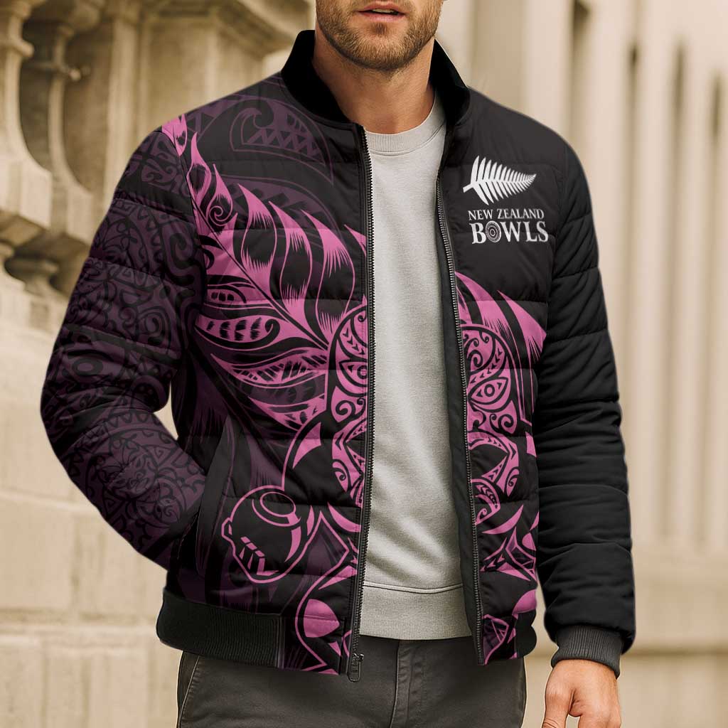 New Zealand Lawn Bowls Custom Bomber Puffer Jacket Pink Maori Warrior Tribal Silver Fern - Aussie Hoodie