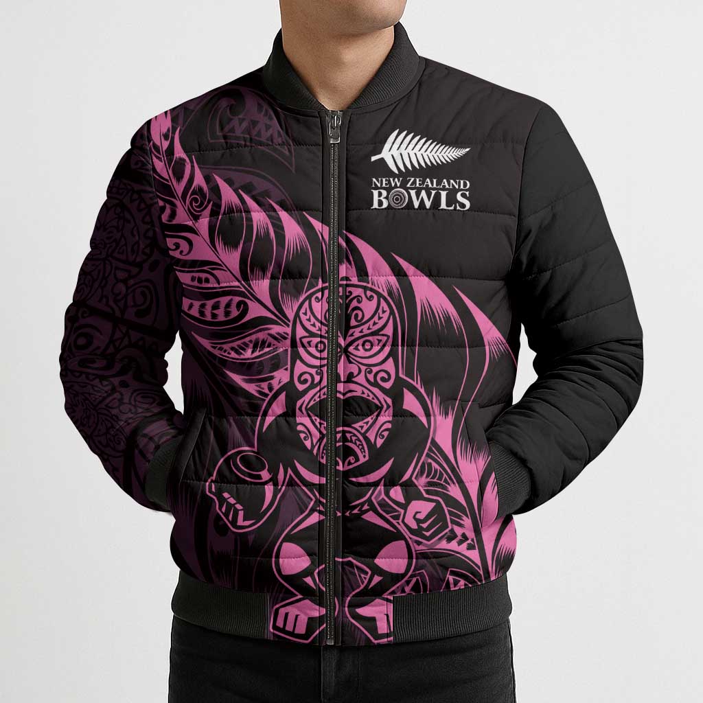 New Zealand Lawn Bowls Custom Bomber Puffer Jacket Pink Maori Warrior Tribal Silver Fern - Aussie Hoodie