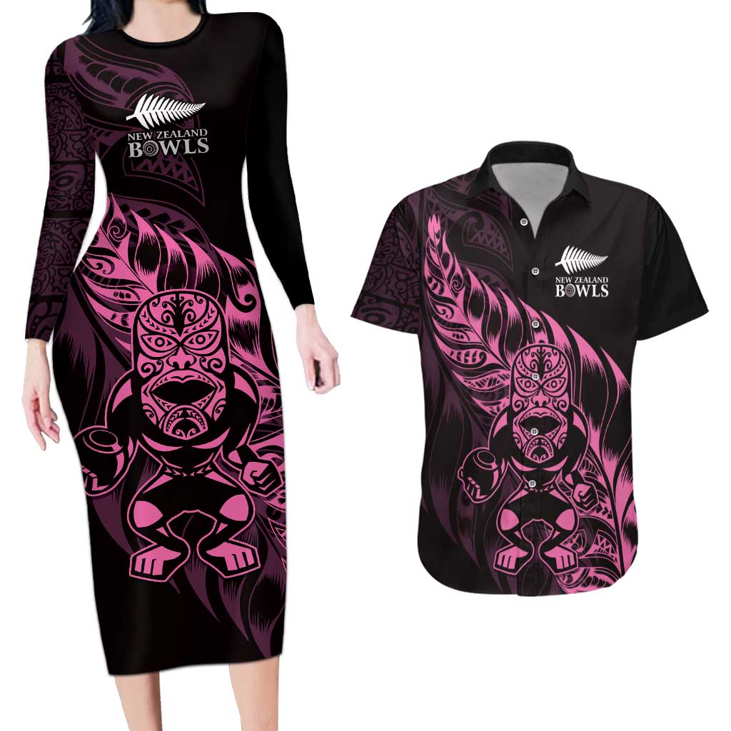 New Zealand Lawn Bowls Custom Couples Matching Long Sleeve Bodycon Dress and Hawaiian Shirt Pink Maori Warrior Tribal Silver Fern - Aussie Hoodie