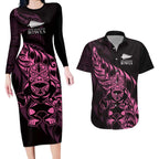 New Zealand Lawn Bowls Custom Couples Matching Long Sleeve Bodycon Dress and Hawaiian Shirt Pink Maori Warrior Tribal Silver Fern - Aussie Hoodie