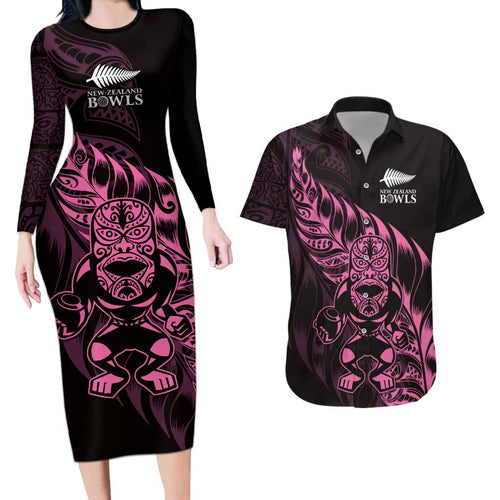 New Zealand Lawn Bowls Custom Couples Matching Long Sleeve Bodycon Dress and Hawaiian Shirt Pink Maori Warrior Tribal Silver Fern - Aussie Hoodie
