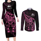 New Zealand Lawn Bowls Custom Couples Matching Long Sleeve Bodycon Dress and Long Sleeve Button Shirt Pink Maori Warrior Tribal Silver Fern - Aussie Hoodie