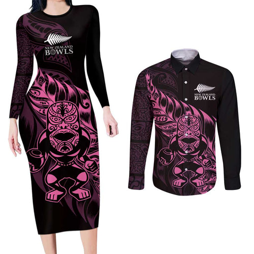 New Zealand Lawn Bowls Custom Couples Matching Long Sleeve Bodycon Dress and Long Sleeve Button Shirt Pink Maori Warrior Tribal Silver Fern - Aussie Hoodie