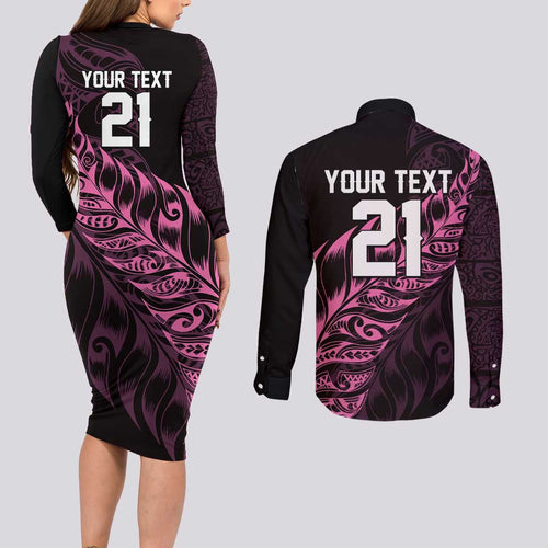 New Zealand Lawn Bowls Custom Couples Matching Long Sleeve Bodycon Dress and Long Sleeve Button Shirt Pink Maori Warrior Tribal Silver Fern - Aussie Hoodie