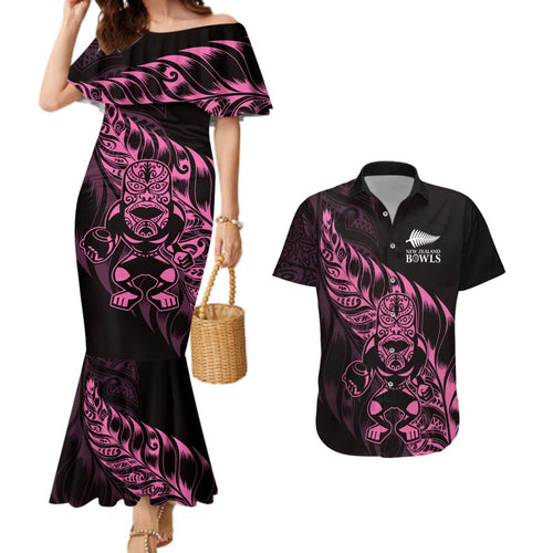 New Zealand Lawn Bowls Custom Couples Matching Mermaid Dress and Hawaiian Shirt Pink Maori Warrior Tribal Silver Fern - Aussie Hoodie