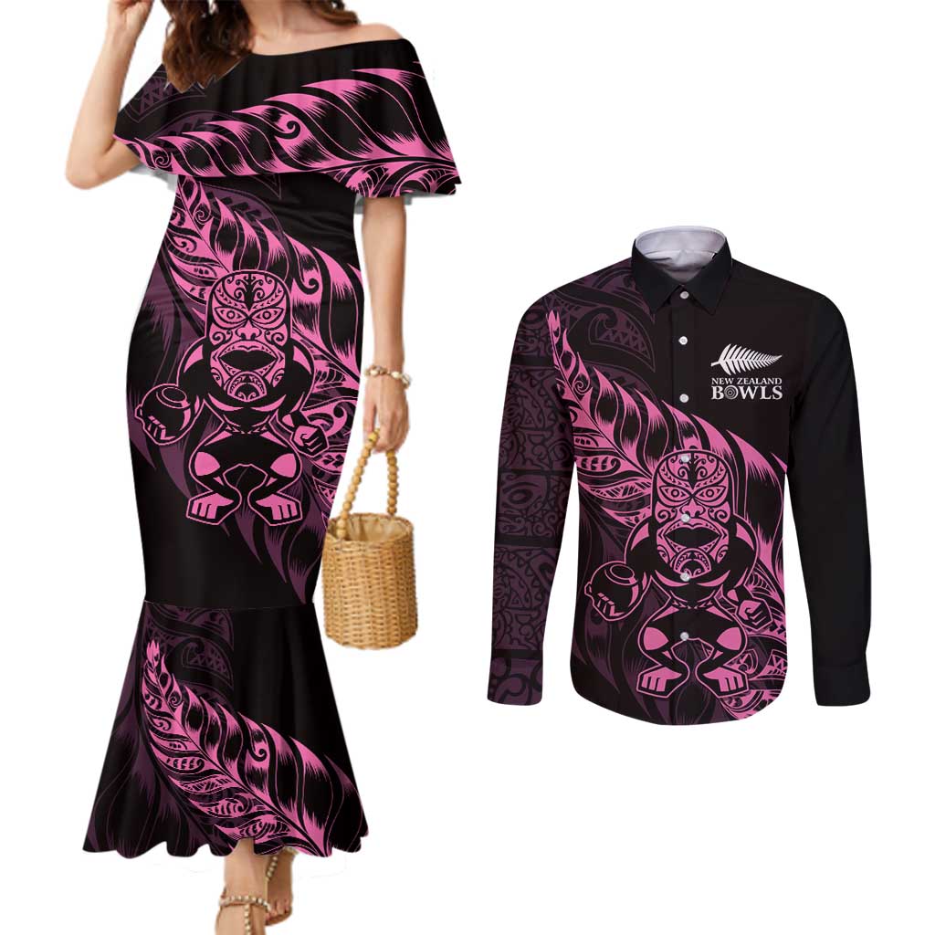 New Zealand Lawn Bowls Custom Couples Matching Mermaid Dress and Long Sleeve Button Shirt Pink Maori Warrior Tribal Silver Fern - Aussie Hoodie