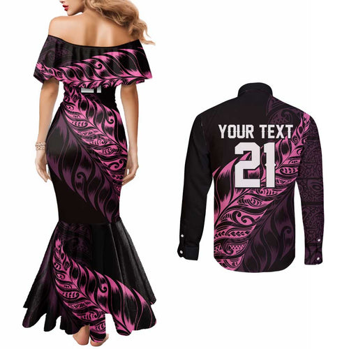 New Zealand Lawn Bowls Custom Couples Matching Mermaid Dress and Long Sleeve Button Shirt Pink Maori Warrior Tribal Silver Fern - Aussie Hoodie
