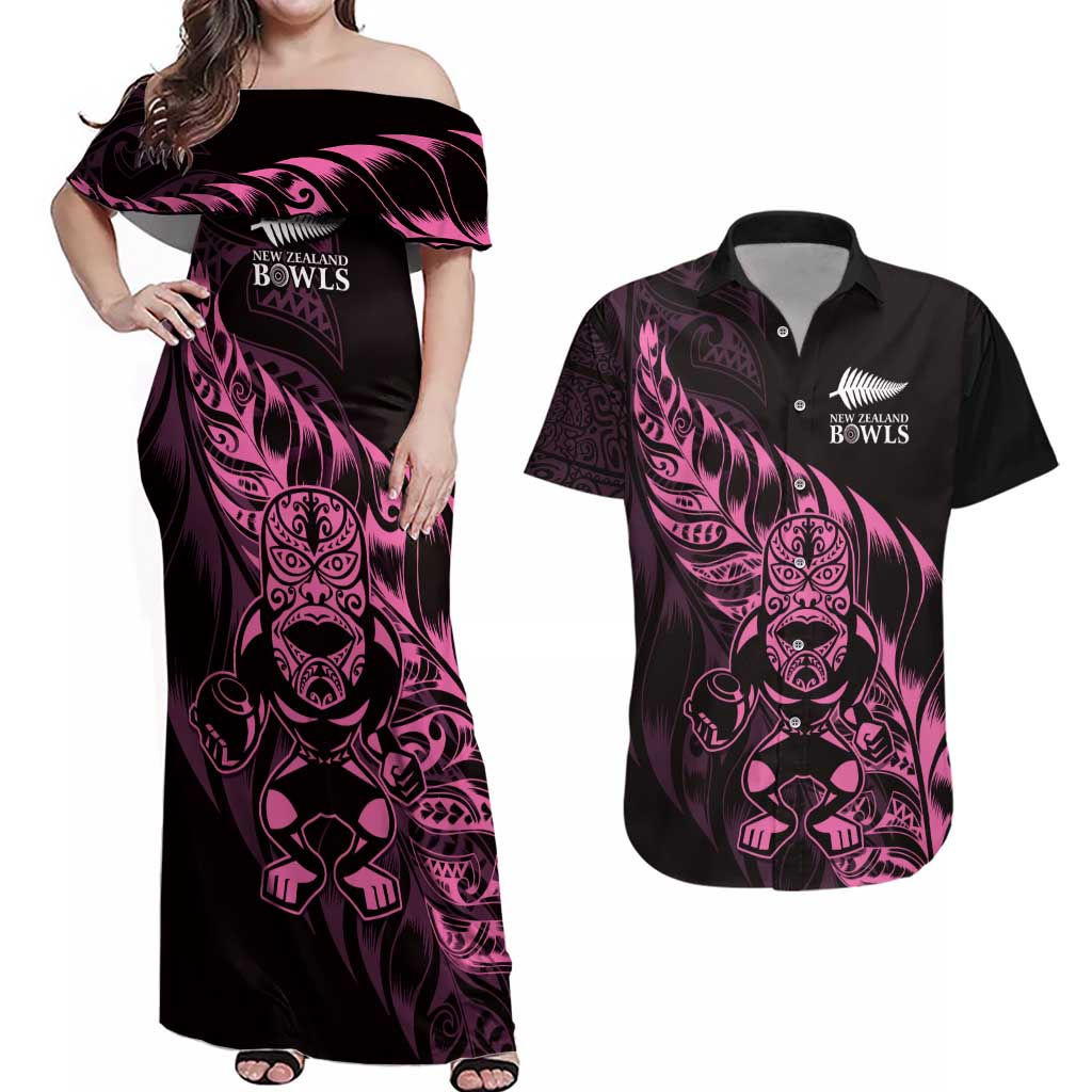 New Zealand Lawn Bowls Custom Couples Matching Off Shoulder Maxi Dress and Hawaiian Shirt Pink Maori Warrior Tribal Silver Fern - Aussie Hoodie