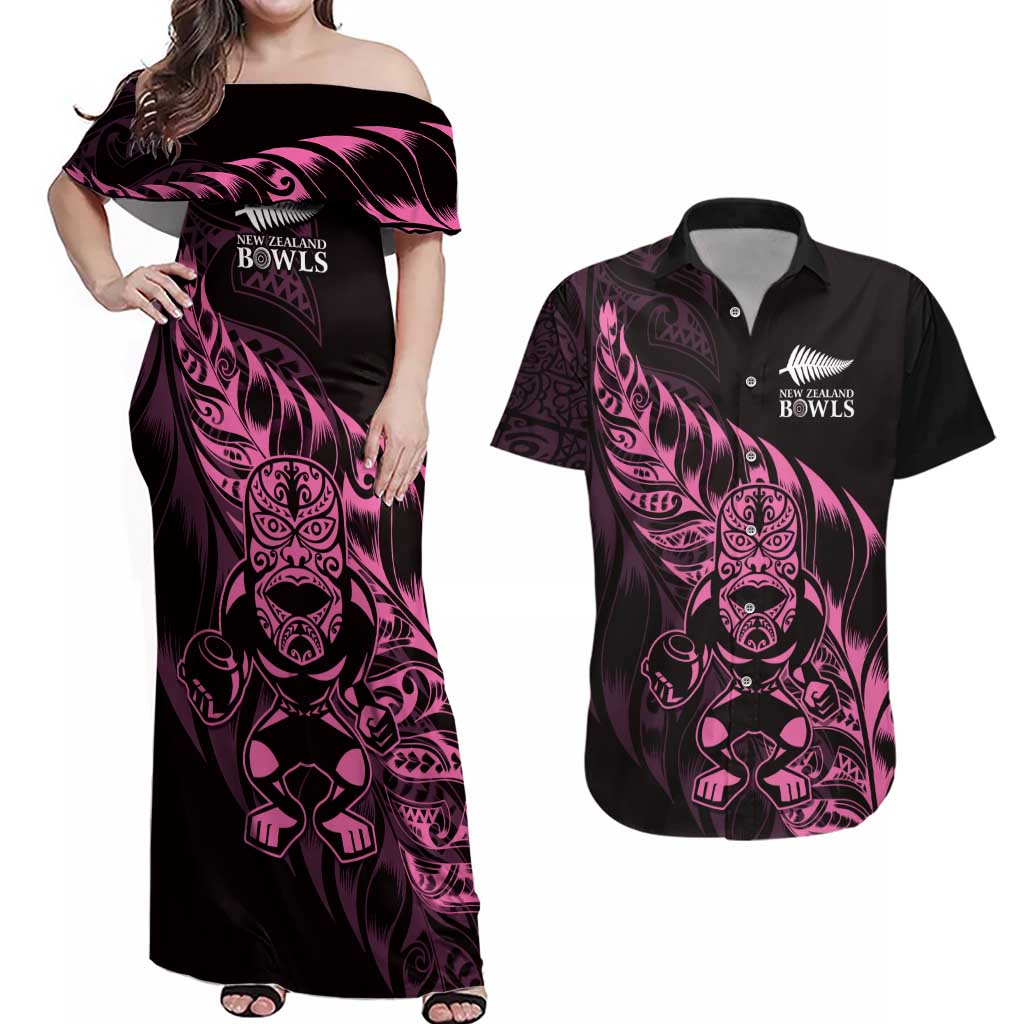 New Zealand Lawn Bowls Custom Couples Matching Off Shoulder Maxi Dress and Hawaiian Shirt Pink Maori Warrior Tribal Silver Fern - Aussie Hoodie