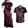 New Zealand Lawn Bowls Custom Couples Matching Off Shoulder Maxi Dress and Hawaiian Shirt Pink Maori Warrior Tribal Silver Fern - Aussie Hoodie