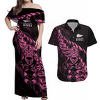 New Zealand Lawn Bowls Custom Couples Matching Off Shoulder Maxi Dress and Hawaiian Shirt Pink Maori Warrior Tribal Silver Fern - Aussie Hoodie