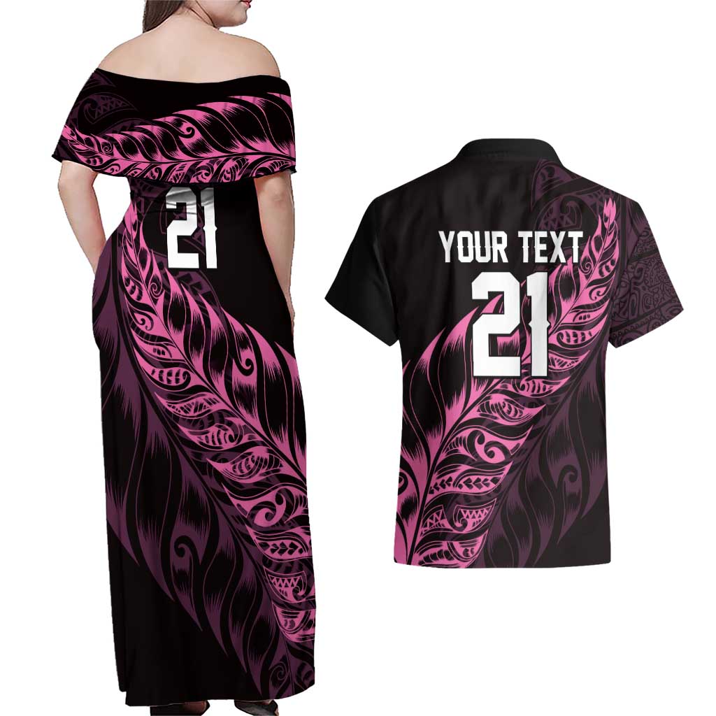 New Zealand Lawn Bowls Custom Couples Matching Off Shoulder Maxi Dress and Hawaiian Shirt Pink Maori Warrior Tribal Silver Fern - Aussie Hoodie