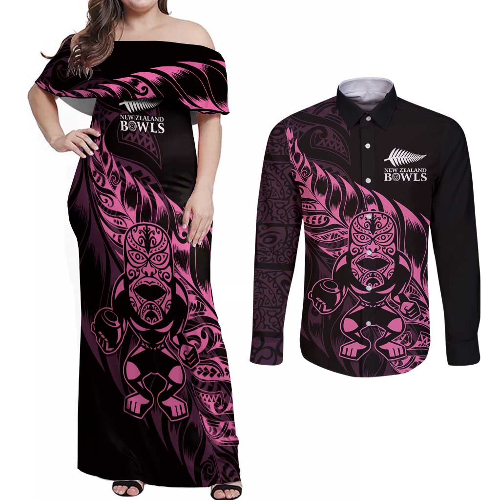 New Zealand Lawn Bowls Custom Couples Matching Off Shoulder Maxi Dress and Long Sleeve Button Shirt Pink Maori Warrior Tribal Silver Fern - Aussie Hoodie