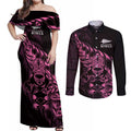 New Zealand Lawn Bowls Custom Couples Matching Off Shoulder Maxi Dress and Long Sleeve Button Shirt Pink Maori Warrior Tribal Silver Fern - Aussie Hoodie