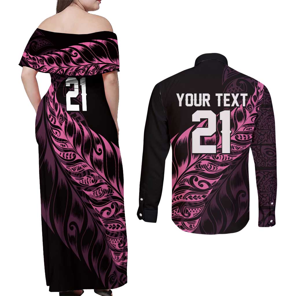 New Zealand Lawn Bowls Custom Couples Matching Off Shoulder Maxi Dress and Long Sleeve Button Shirt Pink Maori Warrior Tribal Silver Fern - Aussie Hoodie