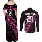 New Zealand Lawn Bowls Custom Couples Matching Off Shoulder Maxi Dress and Long Sleeve Button Shirt Pink Maori Warrior Tribal Silver Fern - Aussie Hoodie