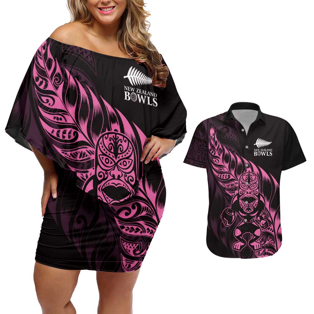New Zealand Lawn Bowls Custom Couples Matching Off Shoulder Short Dress and Hawaiian Shirt Pink Maori Warrior Tribal Silver Fern - Aussie Hoodie