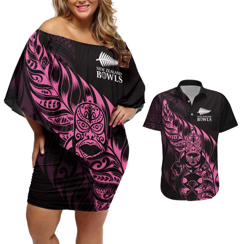 New Zealand Lawn Bowls Custom Couples Matching Off Shoulder Short Dress and Hawaiian Shirt Pink Maori Warrior Tribal Silver Fern - Aussie Hoodie