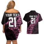 New Zealand Lawn Bowls Custom Couples Matching Off Shoulder Short Dress and Hawaiian Shirt Pink Maori Warrior Tribal Silver Fern - Aussie Hoodie