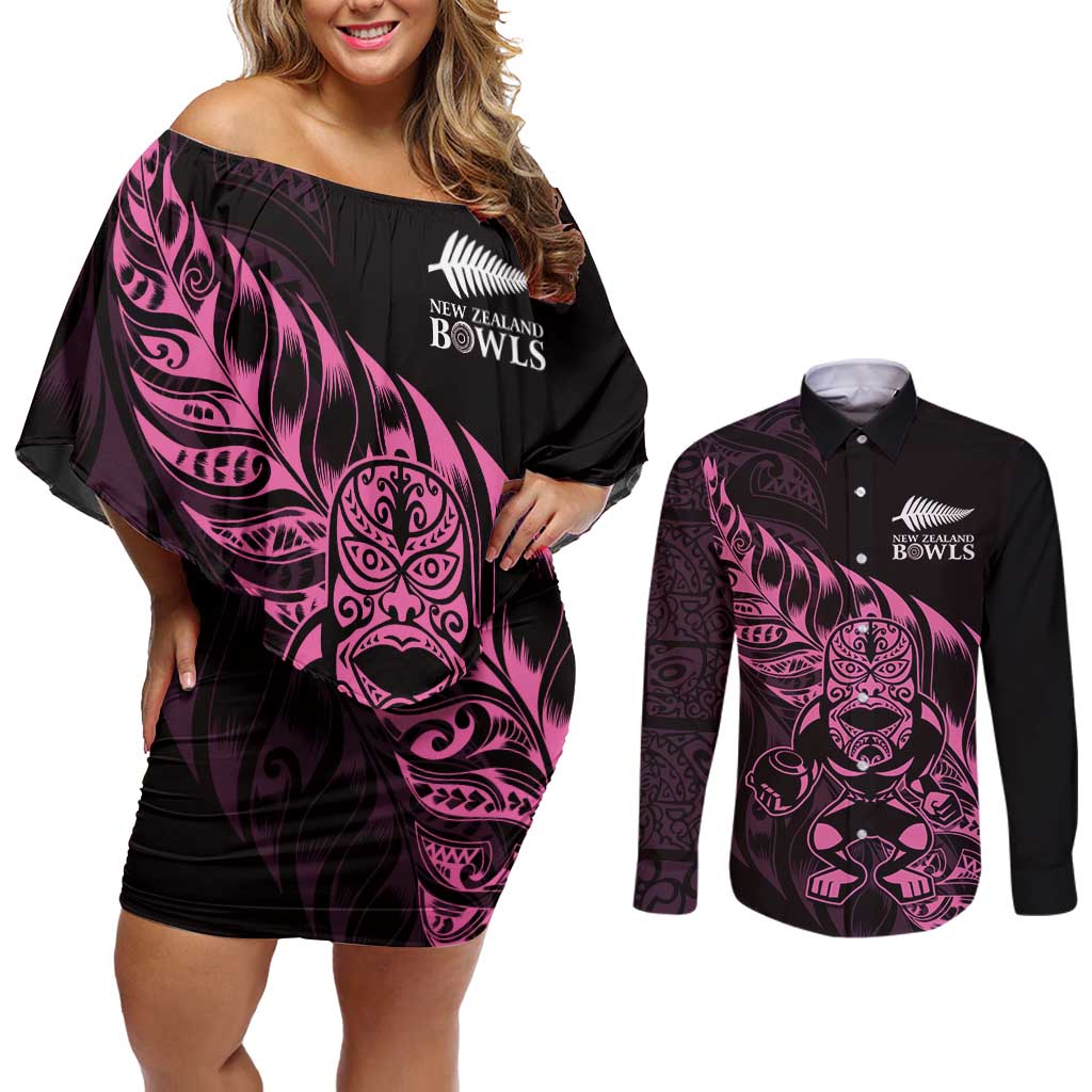 New Zealand Lawn Bowls Custom Couples Matching Off Shoulder Short Dress and Long Sleeve Button Shirt Pink Maori Warrior Tribal Silver Fern - Aussie Hoodie