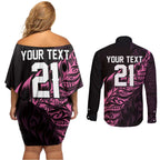 New Zealand Lawn Bowls Custom Couples Matching Off Shoulder Short Dress and Long Sleeve Button Shirt Pink Maori Warrior Tribal Silver Fern - Aussie Hoodie
