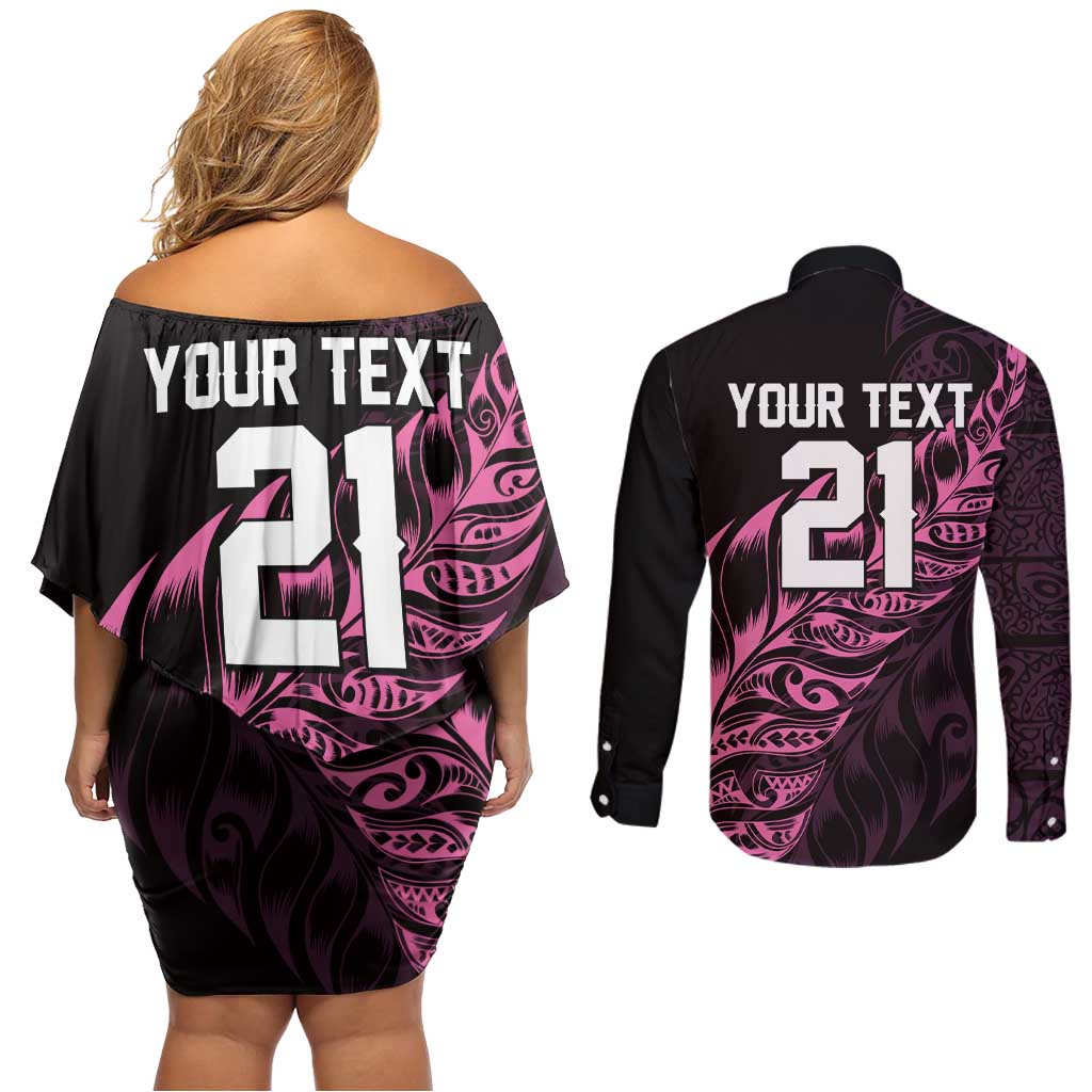 New Zealand Lawn Bowls Custom Couples Matching Off Shoulder Short Dress and Long Sleeve Button Shirt Pink Maori Warrior Tribal Silver Fern - Aussie Hoodie