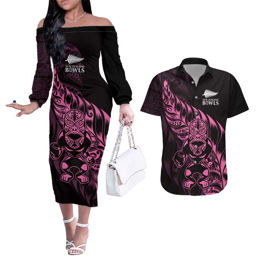 New Zealand Lawn Bowls Custom Couples Matching Off The Shoulder Long Sleeve Dress and Hawaiian Shirt Pink Maori Warrior Tribal Silver Fern - Aussie Hoodie