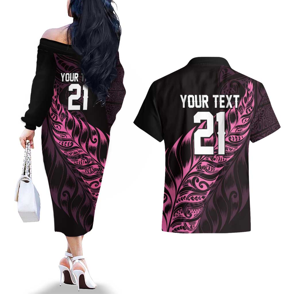 New Zealand Lawn Bowls Custom Couples Matching Off The Shoulder Long Sleeve Dress and Hawaiian Shirt Pink Maori Warrior Tribal Silver Fern - Aussie Hoodie