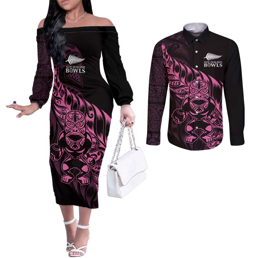 New Zealand Lawn Bowls Custom Couples Matching Off The Shoulder Long Sleeve Dress and Long Sleeve Button Shirt Pink Maori Warrior Tribal Silver Fern - Aussie Hoodie