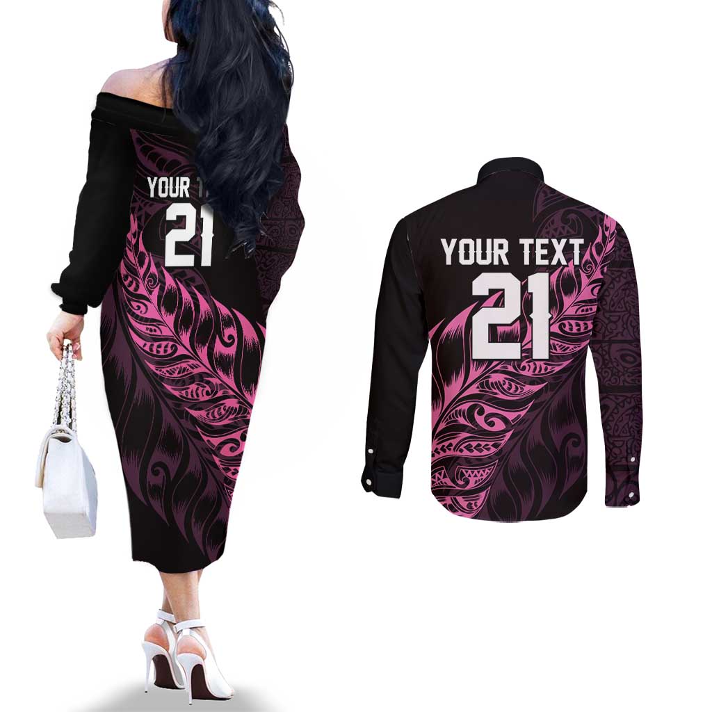 New Zealand Lawn Bowls Custom Couples Matching Off The Shoulder Long Sleeve Dress and Long Sleeve Button Shirt Pink Maori Warrior Tribal Silver Fern - Aussie Hoodie