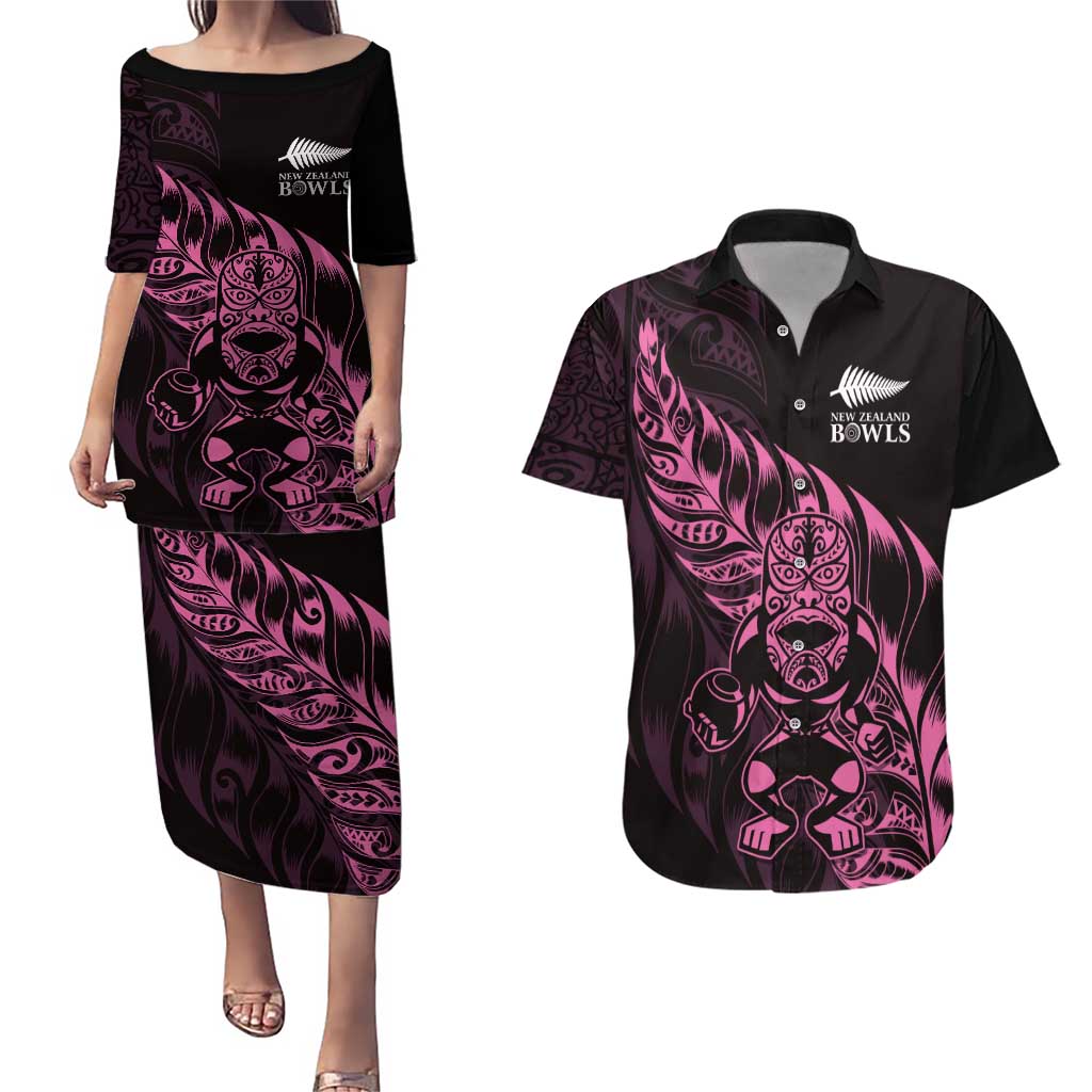 New Zealand Lawn Bowls Custom Couples Matching Puletasi and Hawaiian Shirt Pink Maori Warrior Tribal Silver Fern - Aussie Hoodie