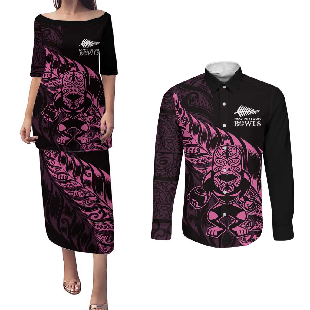 New Zealand Lawn Bowls Custom Couples Matching Puletasi and Long Sleeve Button Shirt Pink Maori Warrior Tribal Silver Fern - Aussie Hoodie