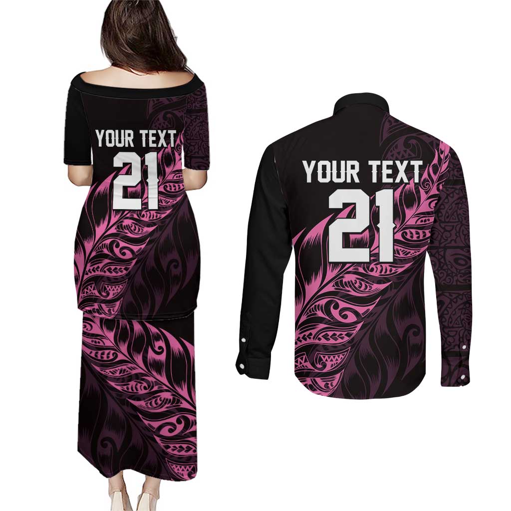 New Zealand Lawn Bowls Custom Couples Matching Puletasi and Long Sleeve Button Shirt Pink Maori Warrior Tribal Silver Fern - Aussie Hoodie