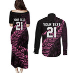 New Zealand Lawn Bowls Custom Couples Matching Puletasi and Long Sleeve Button Shirt Pink Maori Warrior Tribal Silver Fern - Aussie Hoodie