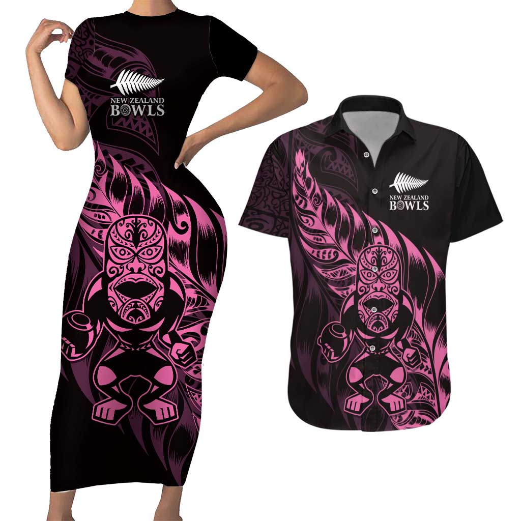 New Zealand Lawn Bowls Custom Couples Matching Short Sleeve Bodycon Dress and Hawaiian Shirt Pink Maori Warrior Tribal Silver Fern - Aussie Hoodie