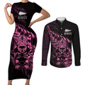 New Zealand Lawn Bowls Custom Couples Matching Short Sleeve Bodycon Dress and Long Sleeve Button Shirt Pink Maori Warrior Tribal Silver Fern - Aussie Hoodie
