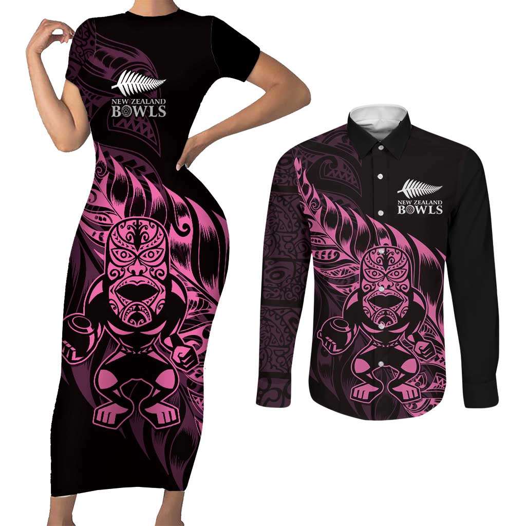 New Zealand Lawn Bowls Custom Couples Matching Short Sleeve Bodycon Dress and Long Sleeve Button Shirt Pink Maori Warrior Tribal Silver Fern - Aussie Hoodie