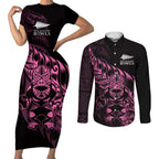 New Zealand Lawn Bowls Custom Couples Matching Short Sleeve Bodycon Dress and Long Sleeve Button Shirt Pink Maori Warrior Tribal Silver Fern - Aussie Hoodie