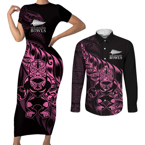 New Zealand Lawn Bowls Custom Couples Matching Short Sleeve Bodycon Dress and Long Sleeve Button Shirt Pink Maori Warrior Tribal Silver Fern - Aussie Hoodie
