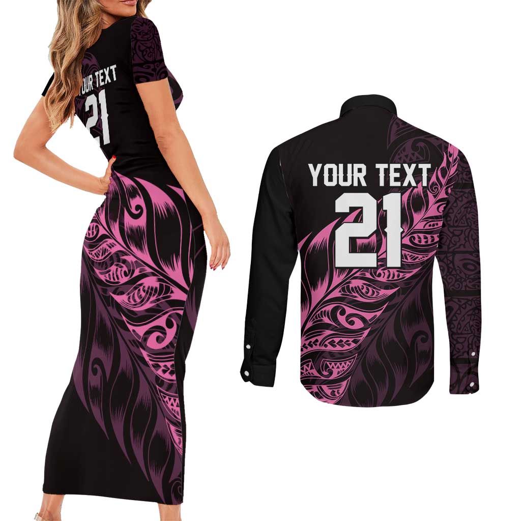 New Zealand Lawn Bowls Custom Couples Matching Short Sleeve Bodycon Dress and Long Sleeve Button Shirt Pink Maori Warrior Tribal Silver Fern - Aussie Hoodie