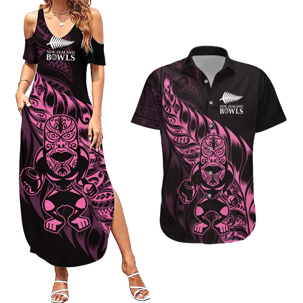 New Zealand Lawn Bowls Custom Couples Matching Summer Maxi Dress and Hawaiian Shirt Pink Maori Warrior Tribal Silver Fern - Aussie Hoodie