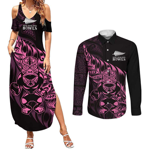 New Zealand Lawn Bowls Custom Couples Matching Summer Maxi Dress and Long Sleeve Button Shirt Pink Maori Warrior Tribal Silver Fern - Aussie Hoodie