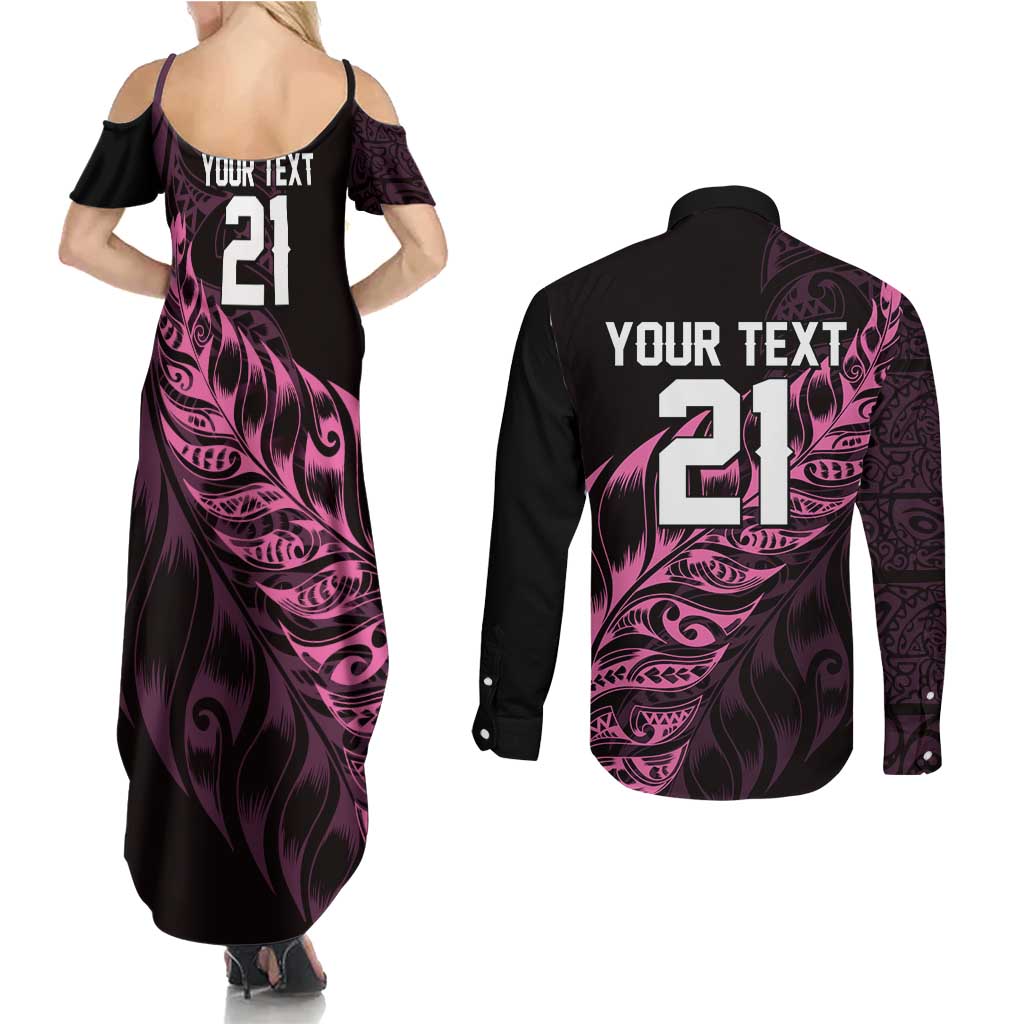 New Zealand Lawn Bowls Custom Couples Matching Summer Maxi Dress and Long Sleeve Button Shirt Pink Maori Warrior Tribal Silver Fern - Aussie Hoodie
