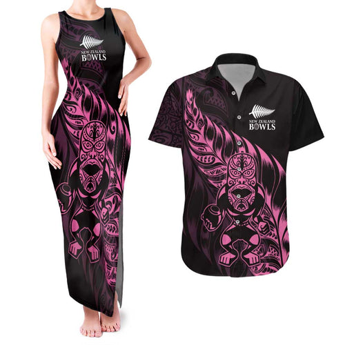 New Zealand Lawn Bowls Custom Couples Matching Tank Maxi Dress and Hawaiian Shirt Pink Maori Warrior Tribal Silver Fern - Aussie Hoodie