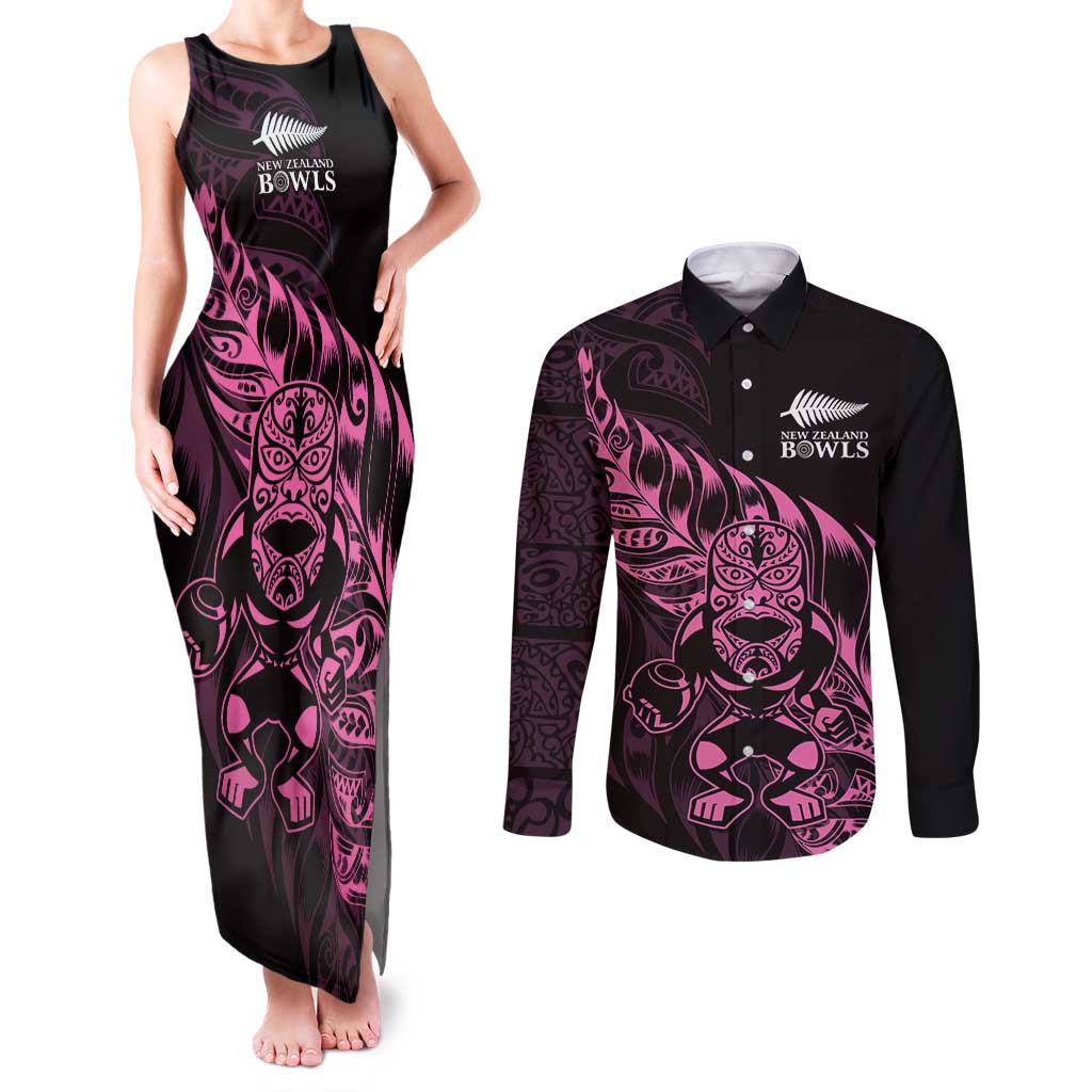 New Zealand Lawn Bowls Custom Couples Matching Tank Maxi Dress and Long Sleeve Button Shirt Pink Maori Warrior Tribal Silver Fern - Aussie Hoodie