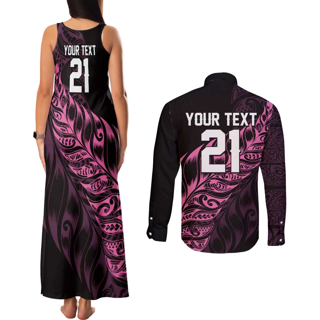 New Zealand Lawn Bowls Custom Couples Matching Tank Maxi Dress and Long Sleeve Button Shirt Pink Maori Warrior Tribal Silver Fern - Aussie Hoodie