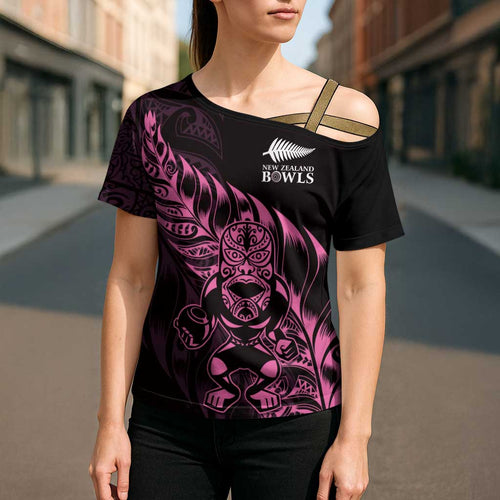 New Zealand Lawn Bowls Custom Cross Shoulder Shirt Pink Maori Warrior Tribal Silver Fern - Aussie Hoodie