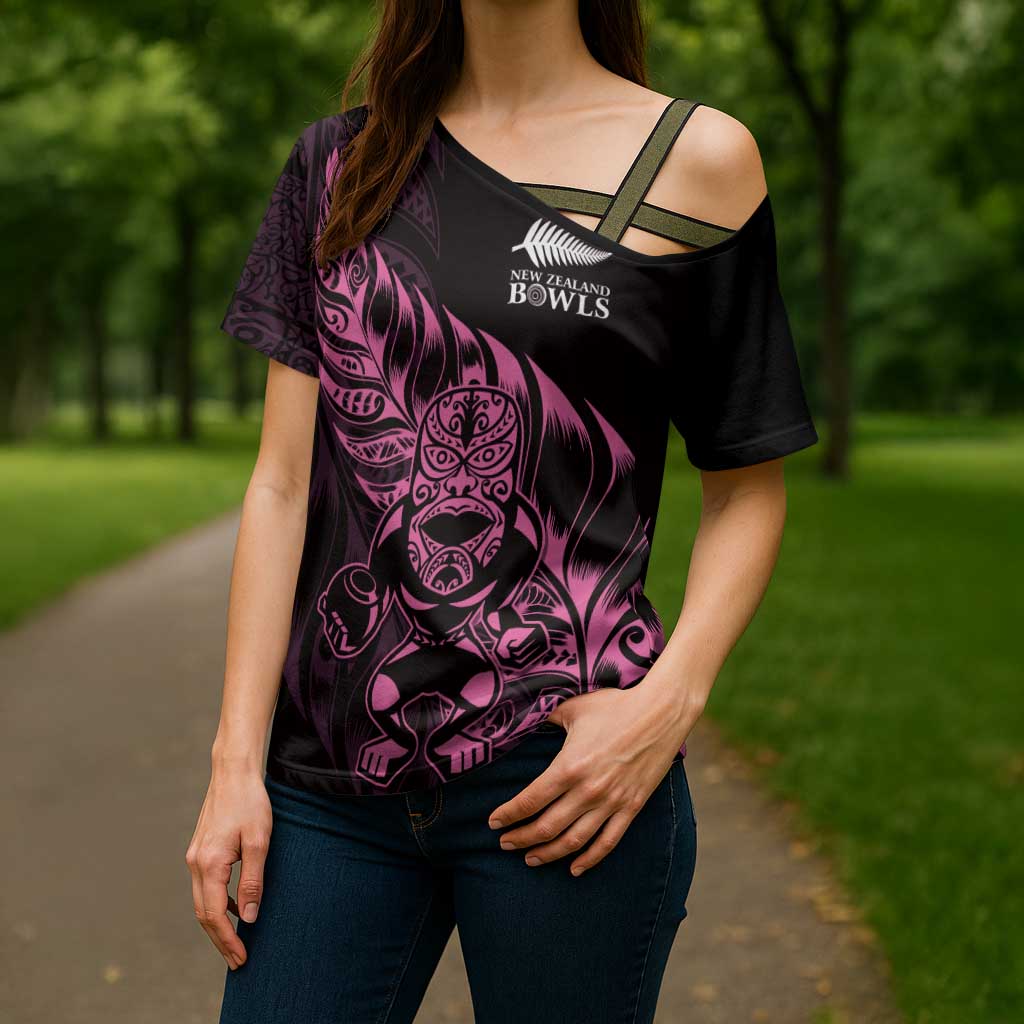 New Zealand Lawn Bowls Custom Cross Shoulder Shirt Pink Maori Warrior Tribal Silver Fern - Aussie Hoodie