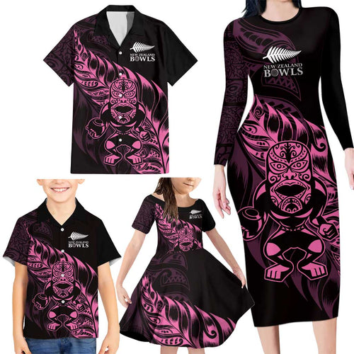 New Zealand Lawn Bowls Custom Family Matching Long Sleeve Bodycon Dress and Hawaiian Shirt Pink Maori Warrior Tribal Silver Fern - Aussie Hoodie