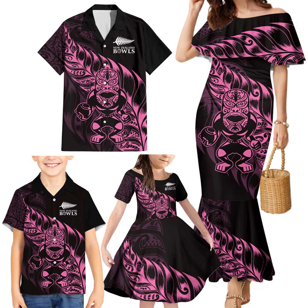 New Zealand Lawn Bowls Custom Family Matching Mermaid Dress and Hawaiian Shirt Pink Maori Warrior Tribal Silver Fern - Aussie Hoodie